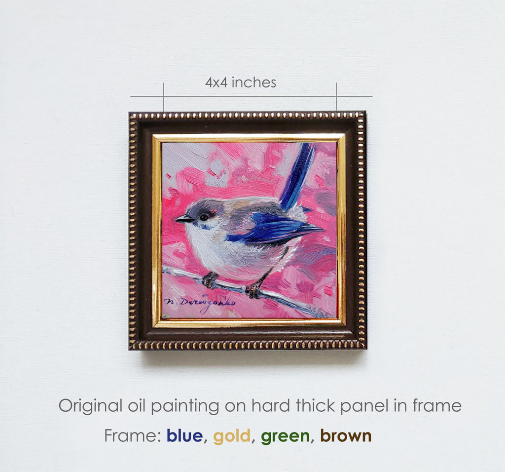 Small oil painting original Bird painting 4x4, Blue bird picture frame Fairy-wren bird artwork, Small frame art bird gift idea