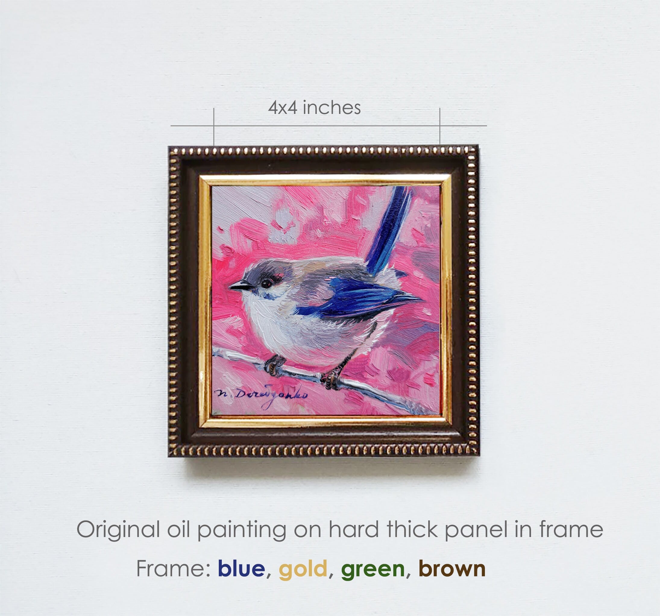 Small oil painting original Bird painting 4x4, Blue bird picture frame Fairy-wren bird artwork, Small frame art bird gift idea