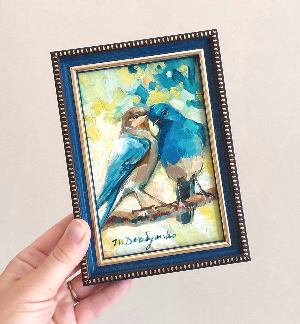 Two bird painting original canvas in wood frame, Bluebird oil painting, Bird art in frame, Small art framed love painting gift