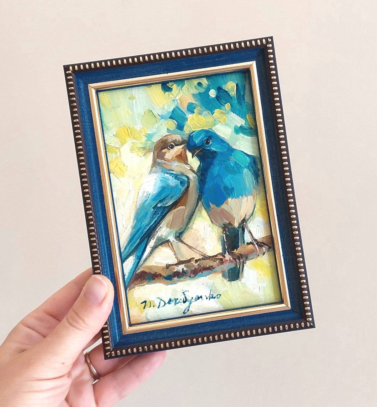 Two bird painting original canvas in wood frame, Bluebird oil painting, Bird art in frame, Small art framed love painting gift