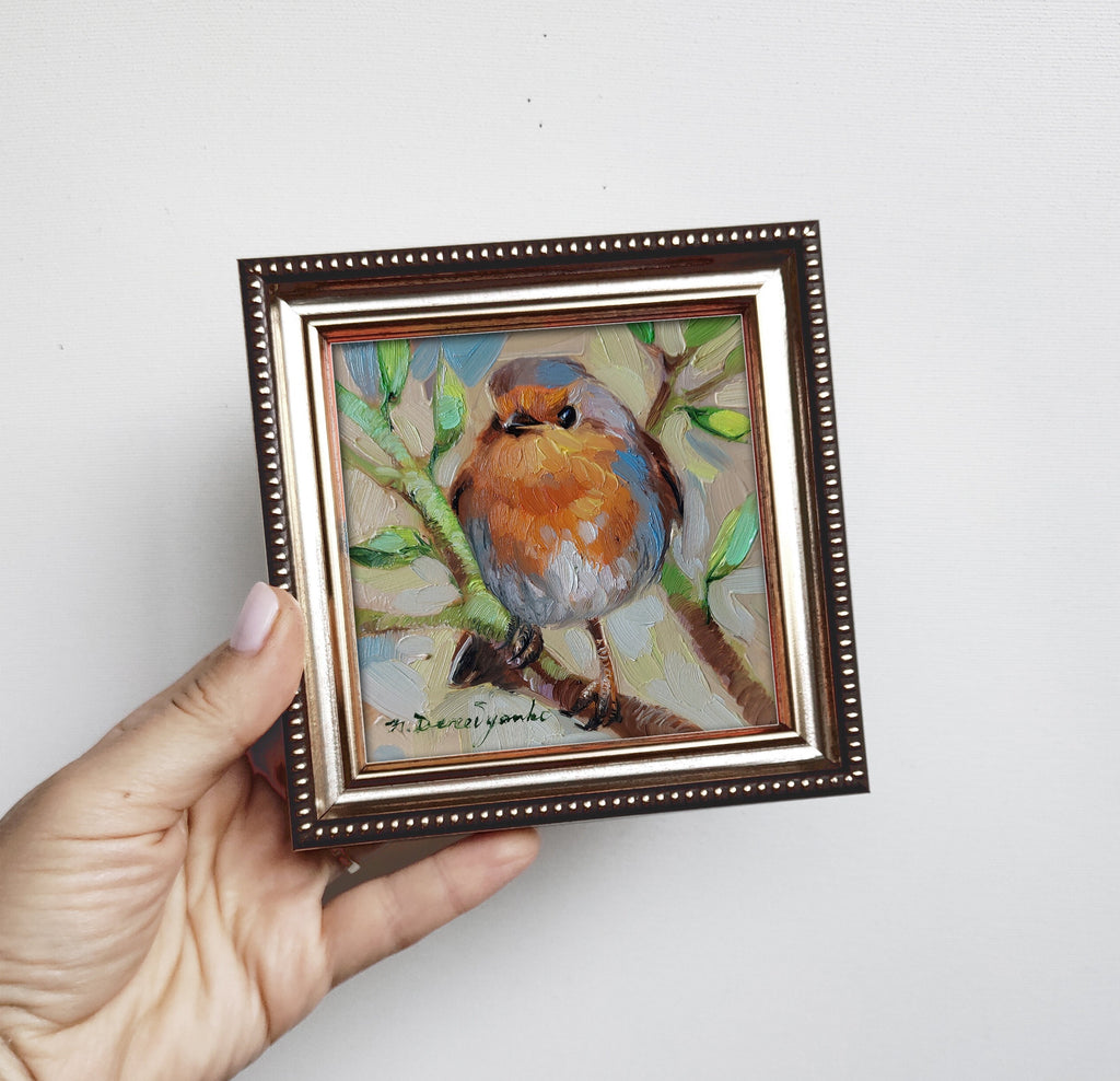 Robin bird on brunch pittura ad olio originale, Piccolo uccello dipinto incorniciato 4x4, Piccola cornice arte