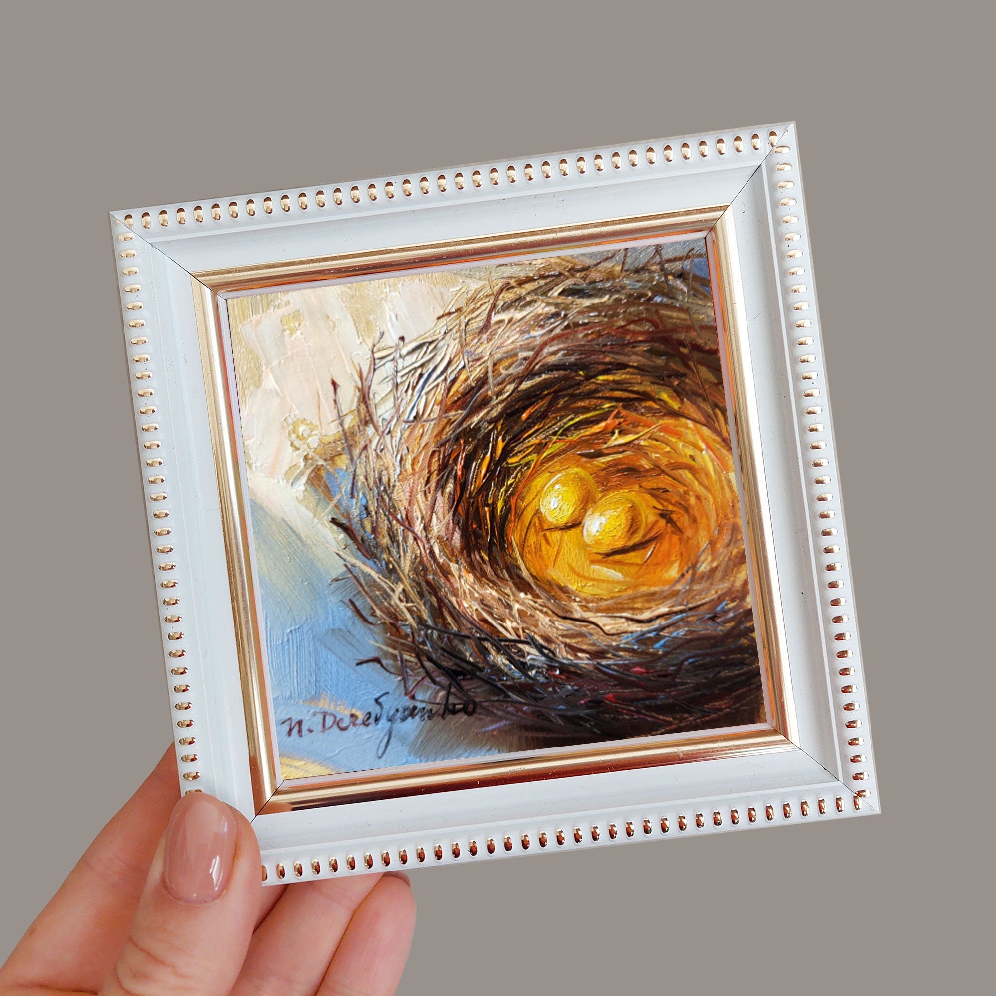 Nest bird oi painting original 4x4 in frame, Two gold egg miniature painting wall art framed, Small painting Valentines day gift