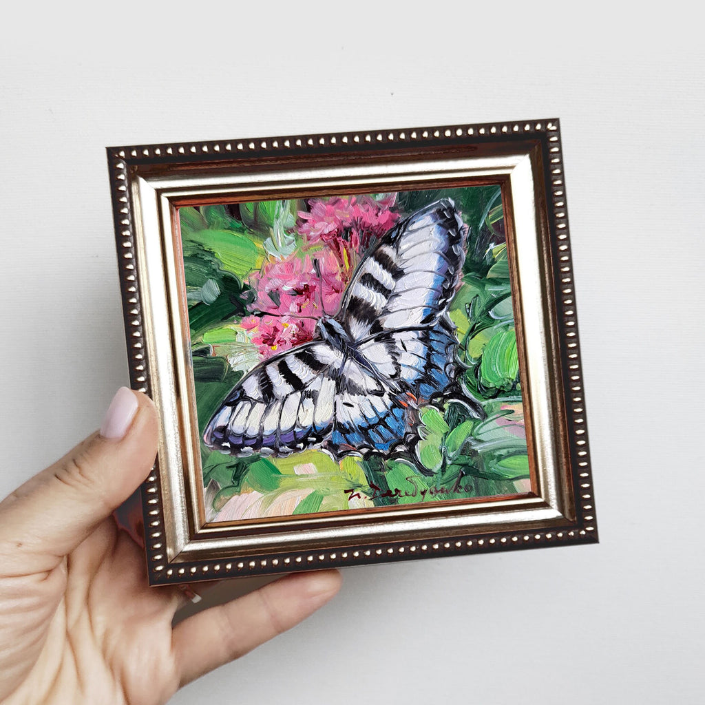 Butterfly painting original oil art framed miniature, Giant Swallowtail butterfly painting small gift for woman