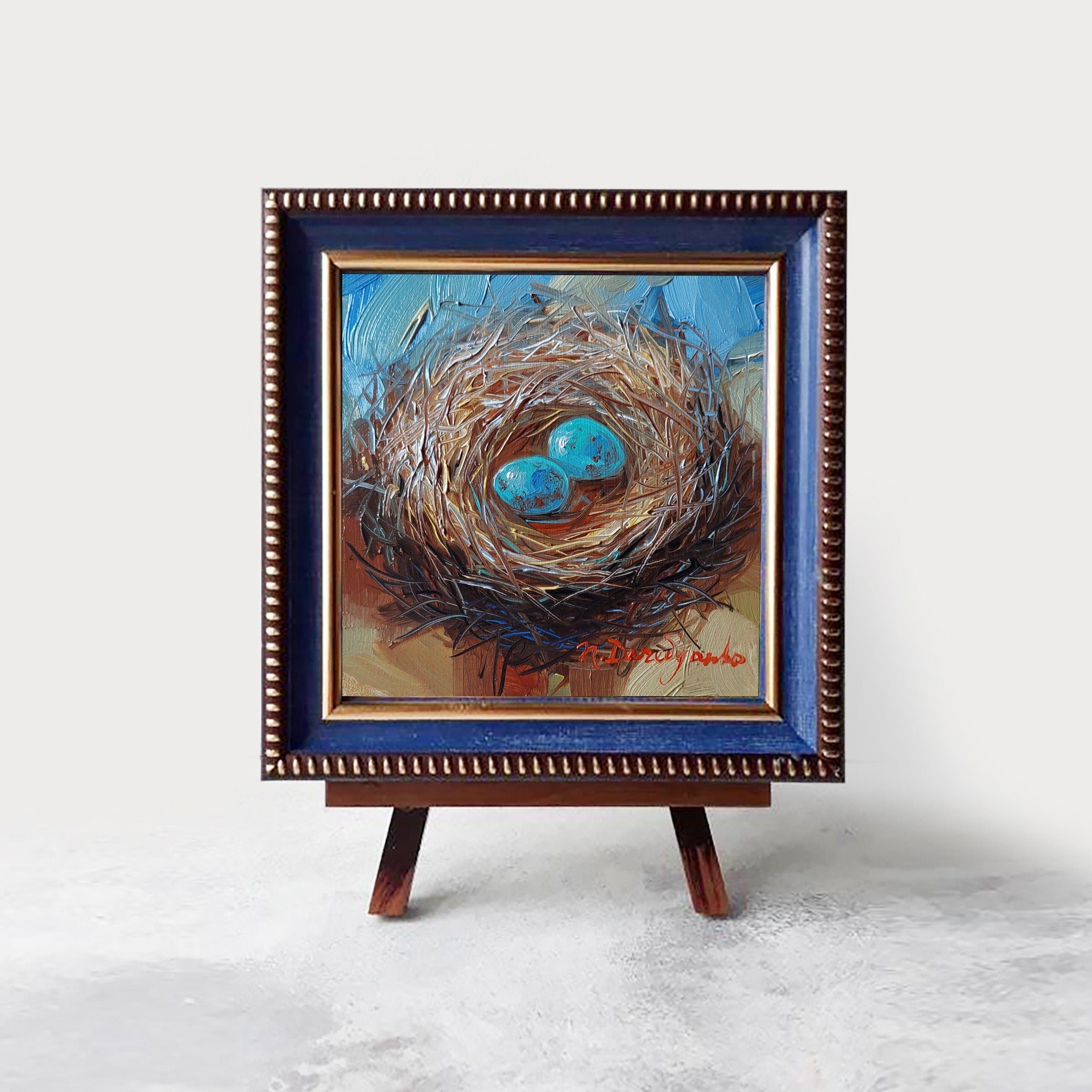 Nest oil painting original 4x4 in frame, Two blu bird egg miniature oil painting wall art framed, Small framed art Mom day gift