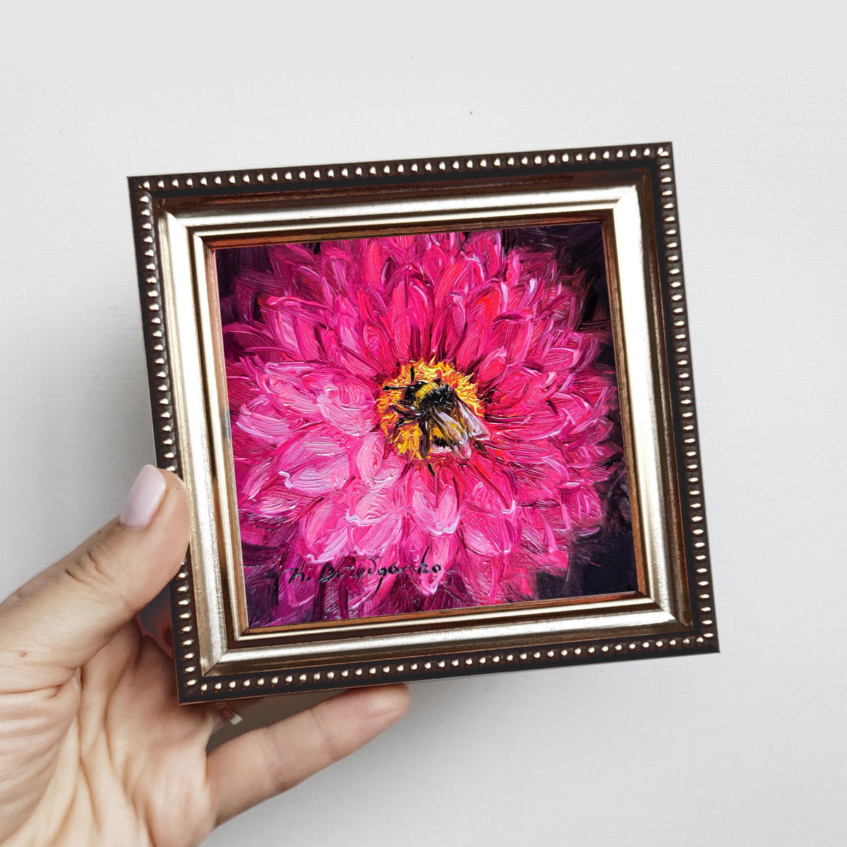 Bee on Dahlia flower Oil Painting Original 4x4 inch