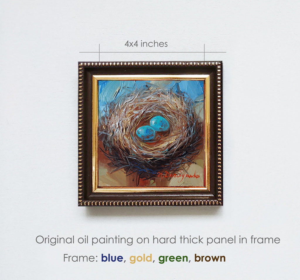 Nest oil painting original 4x4 in frame, Two blu bird egg miniature oil painting wall art framed, Small framed art Mom day gift