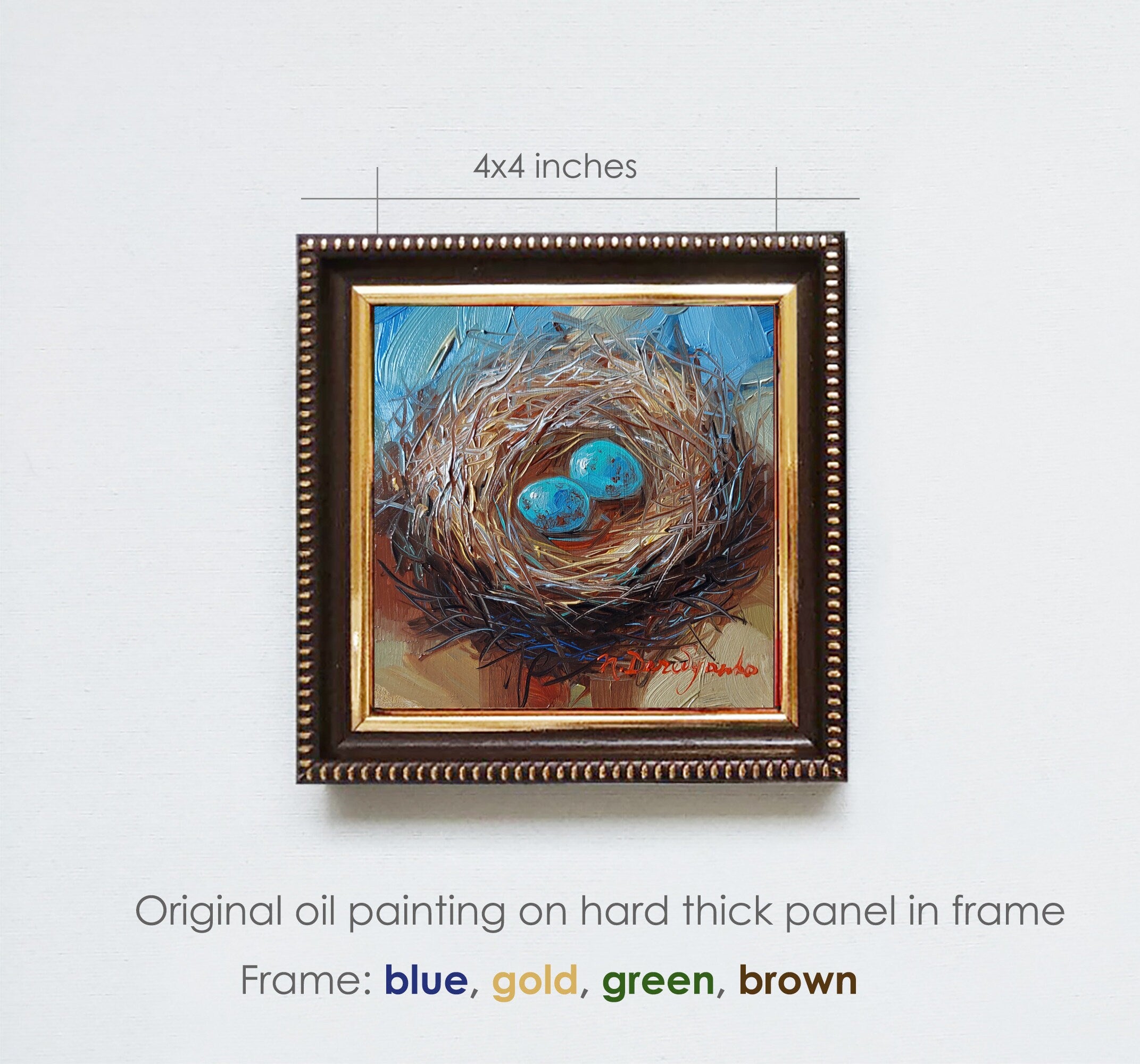 Nest oil painting original 4x4 in frame, Two blu bird egg miniature oil painting wall art framed, Small framed art Mom day gift