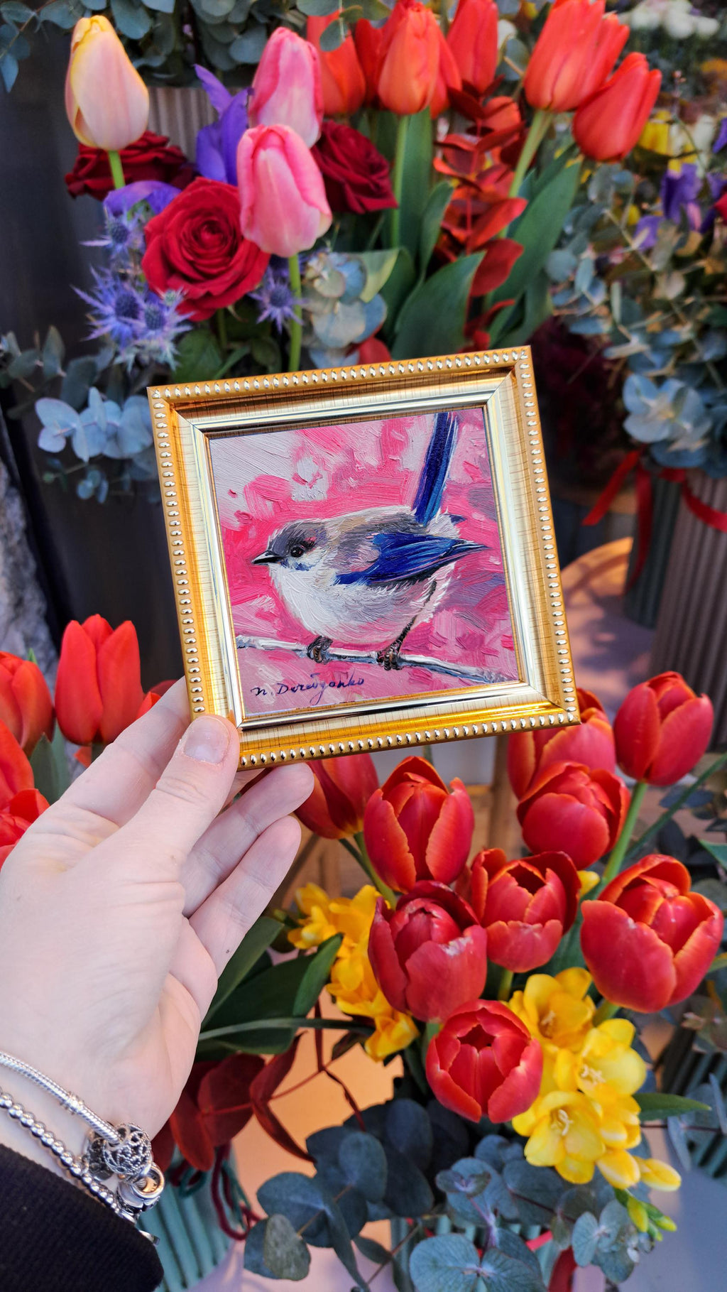Small oil painting original Bird painting 4x4, Blue bird picture frame Fairy-wren bird artwork, Small frame art bird gift idea