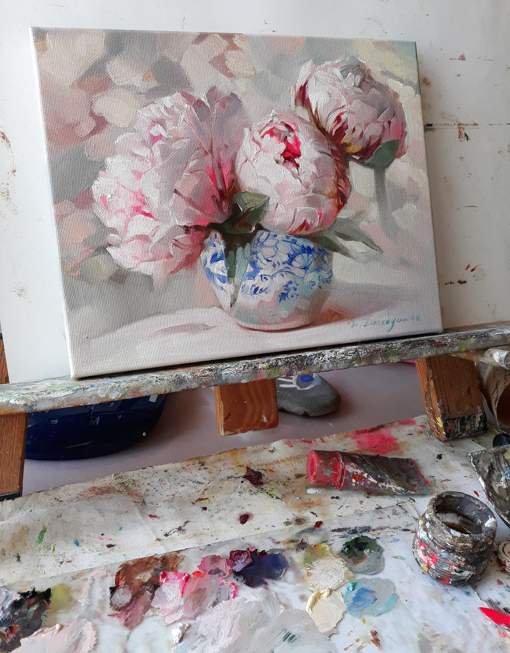 Peony flowers oil painting canvas original art, Floral painting bloom, Flower bouquet pink peony wall art, Birthday gift for wife women