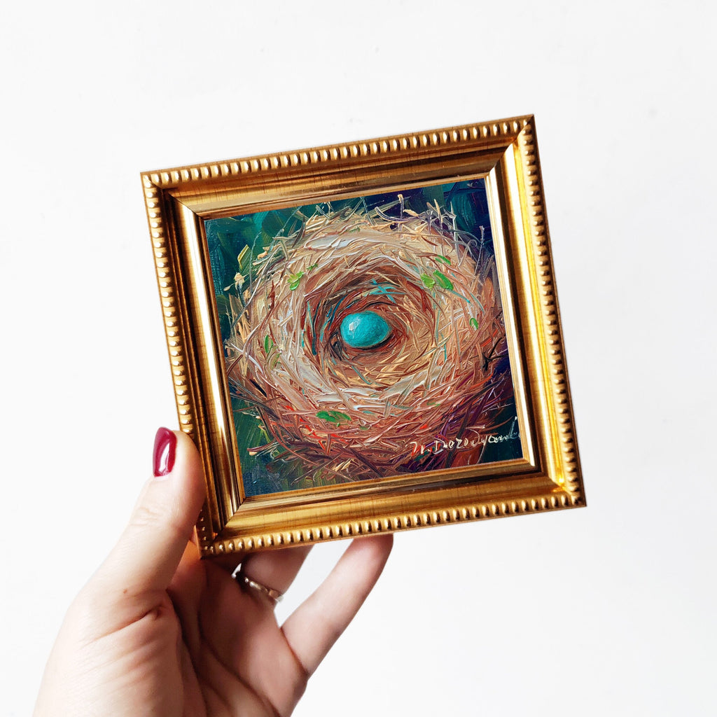 Nest oil painting original 4x4 in frame, Robin bird blue egg unique miniature painting wall art framed, Small painting Valentines day gift