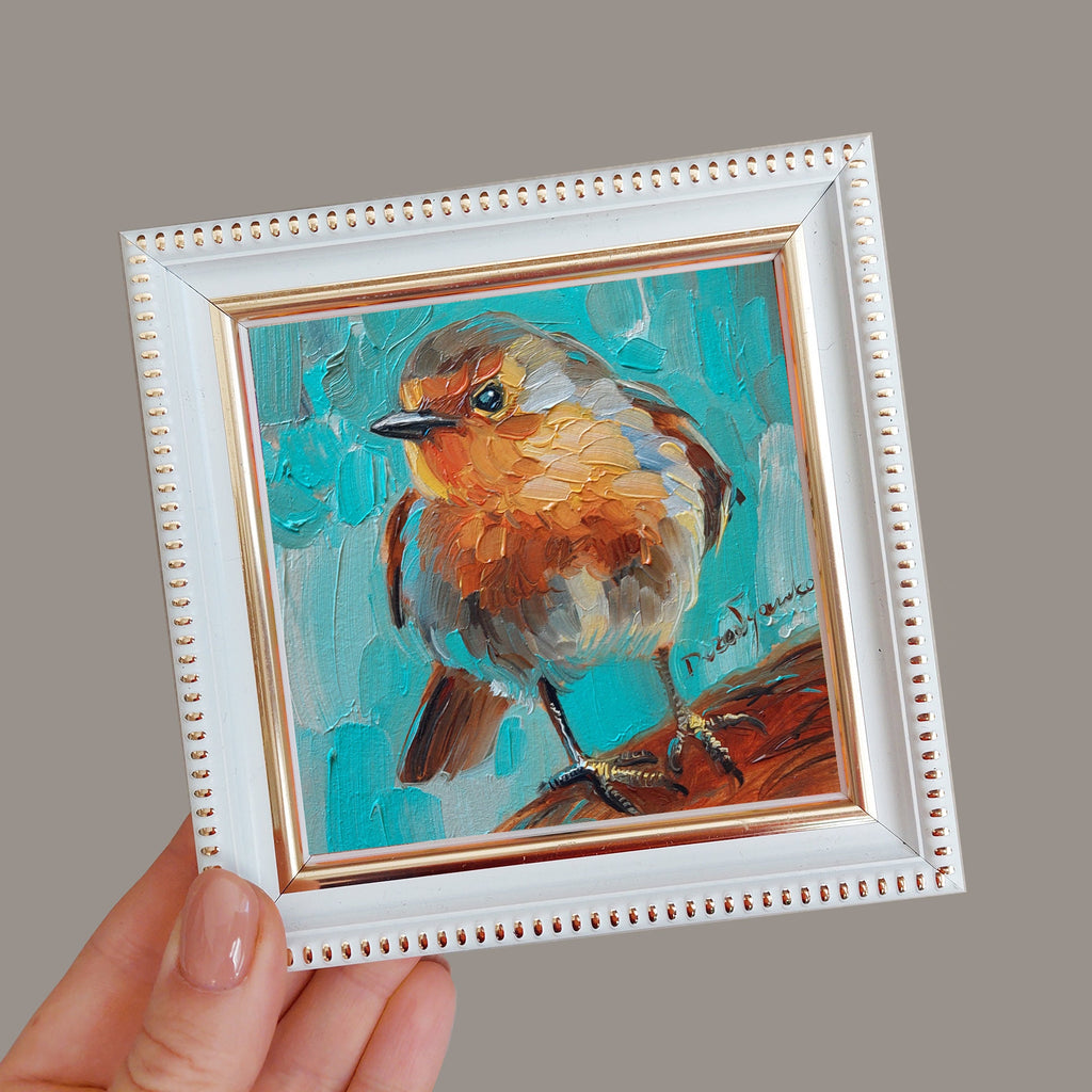 Uccello dipinto originale, pittura d'arte uccello Robin, pittura in miniatura 4x4, regalo per papà, regalo per la festa della mamma