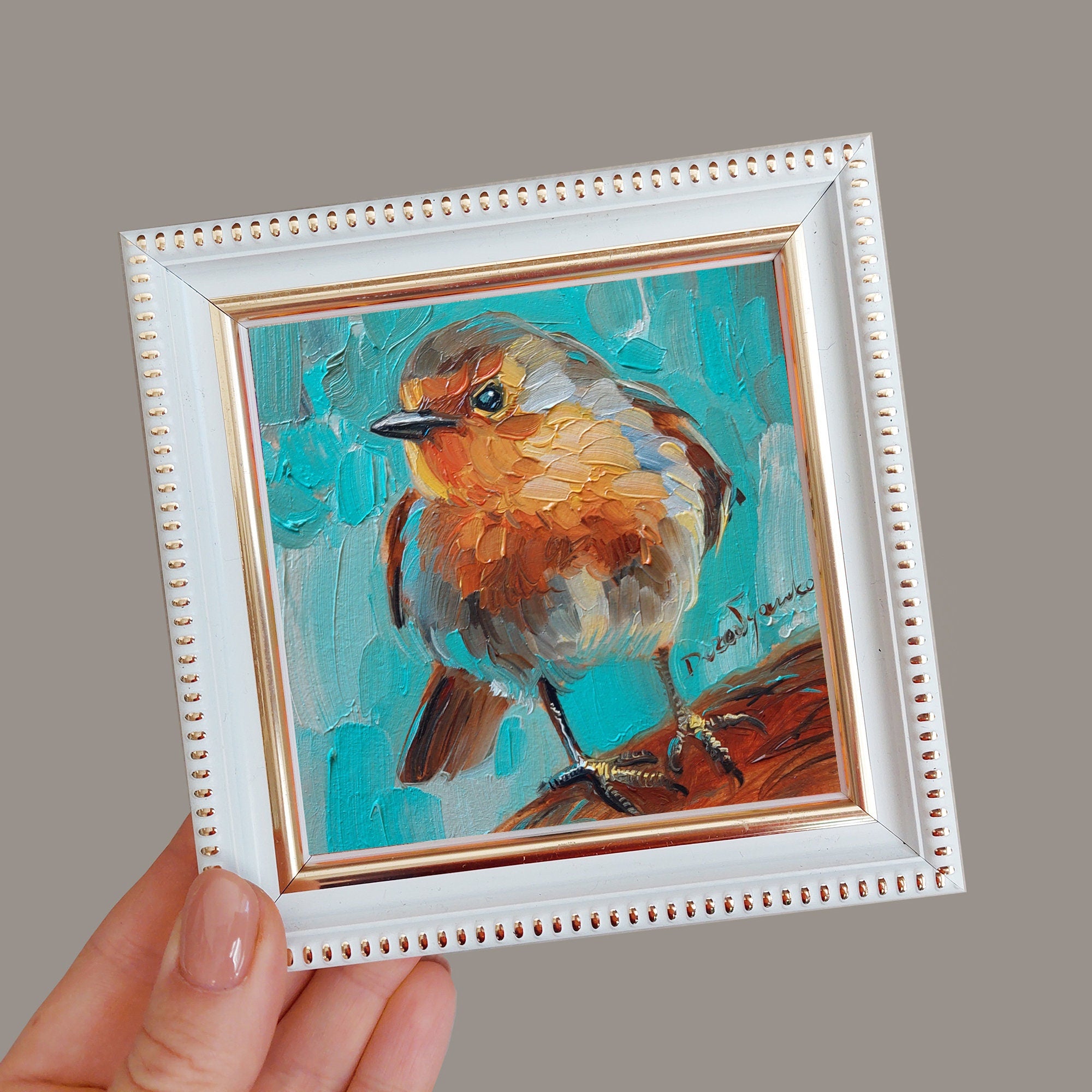 Uccello dipinto originale, pittura d'arte uccello Robin, pittura in miniatura 4x4, regalo per papà, regalo per la festa della mamma