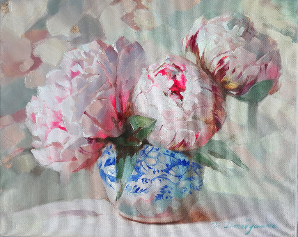 Peony flowers oil painting canvas original art, Floral painting bloom, Flower bouquet pink peony wall art, Birthday gift for wife women