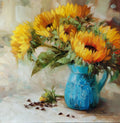 Large floral paintings on canvas original, Sunflowers in turquoise vase oil painting, Yellow flowers wall art decor Easter gift