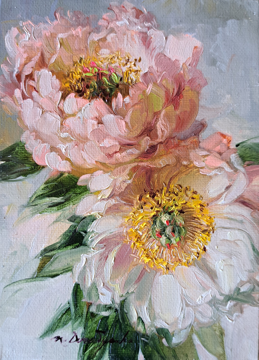 Two peony flowers oil painting original framed 7x5
