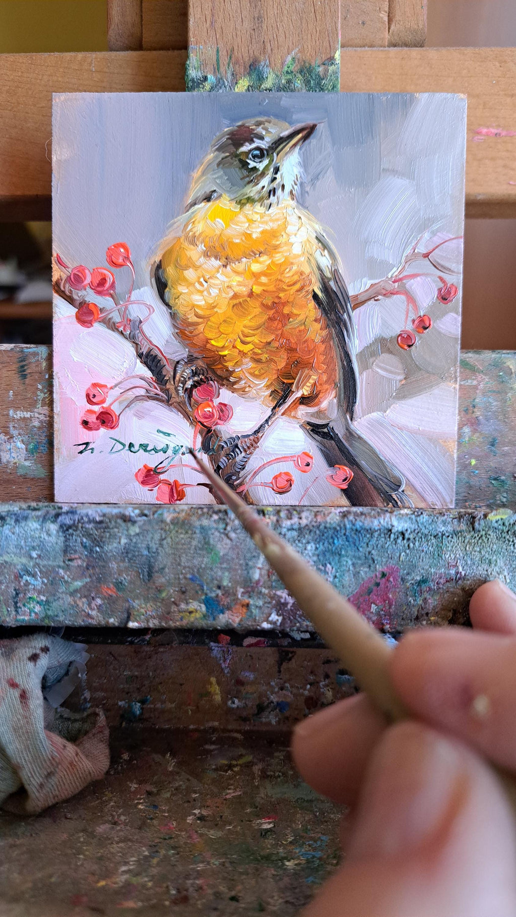 American Robin bird painting original in frame