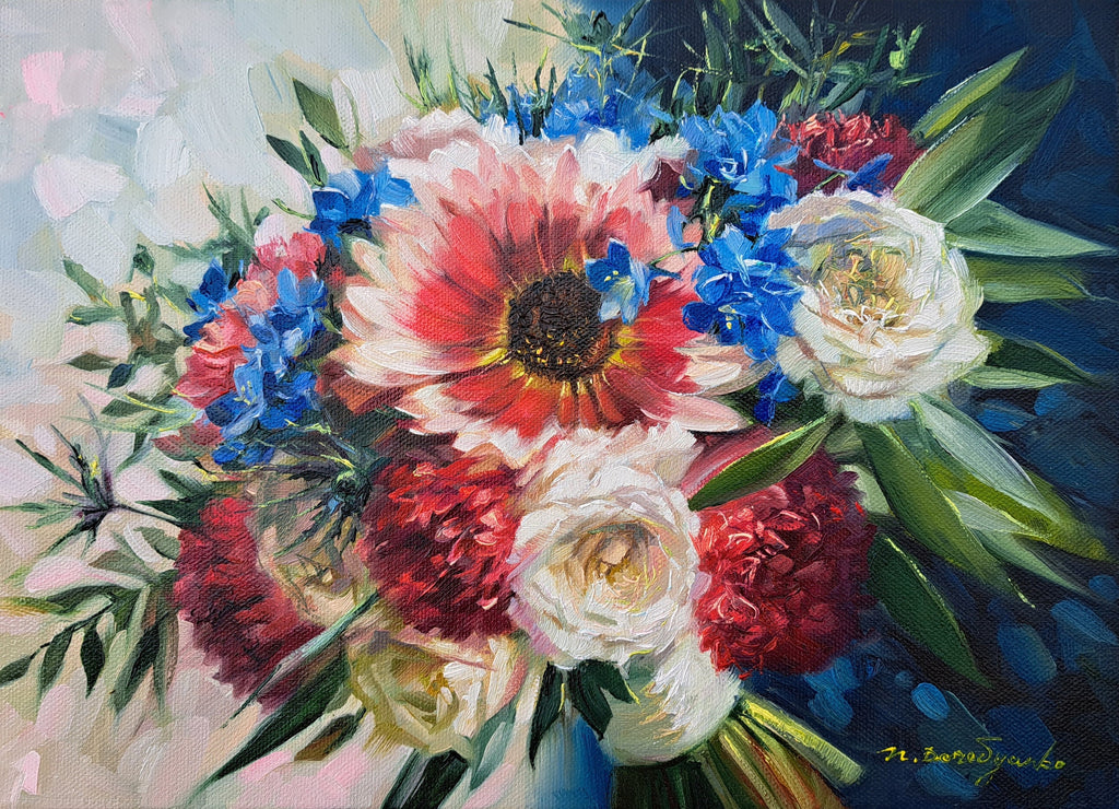 Bridal flowers painting red blue art canvas original
