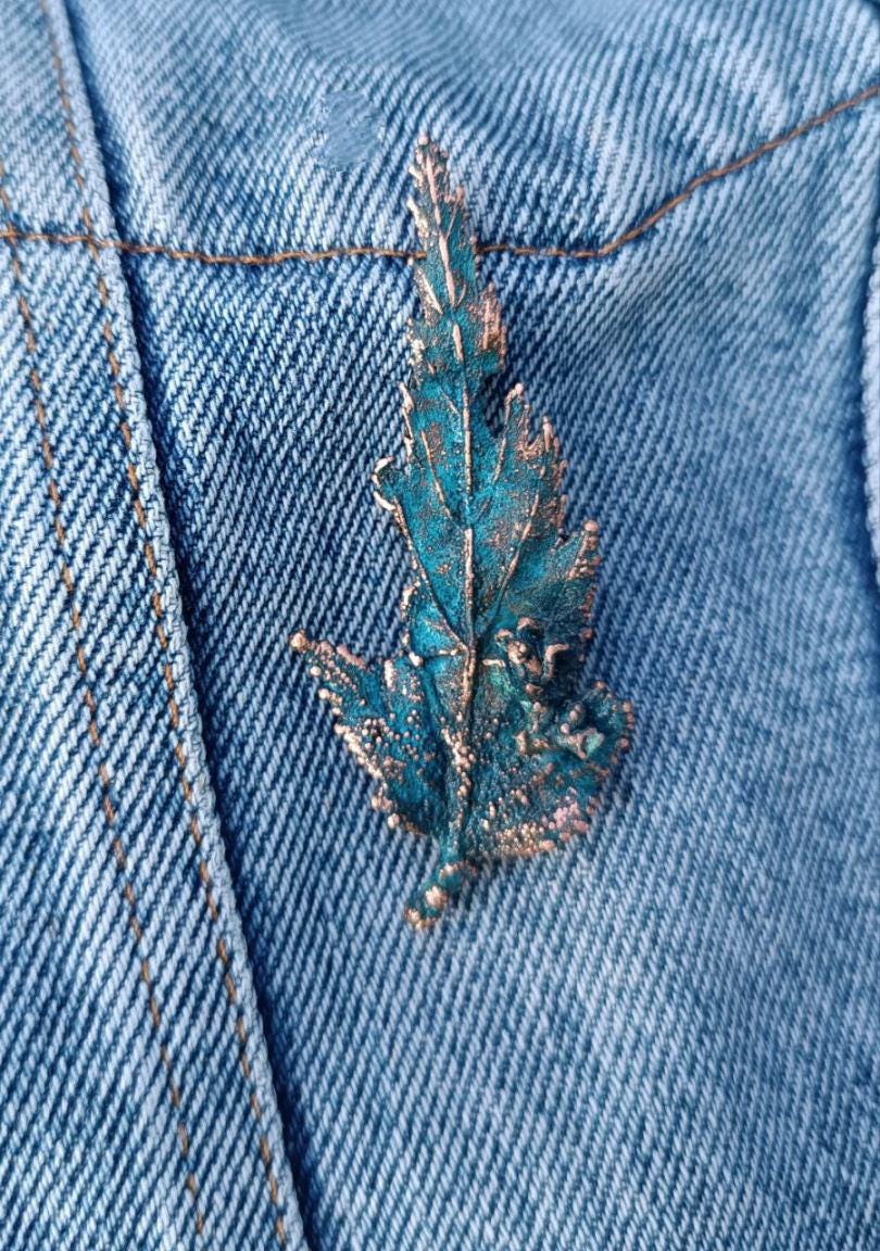 Brooch made from natural sheet of wood in copper - a unique boho-style accessory, Blue patina cooper jewelry handmade