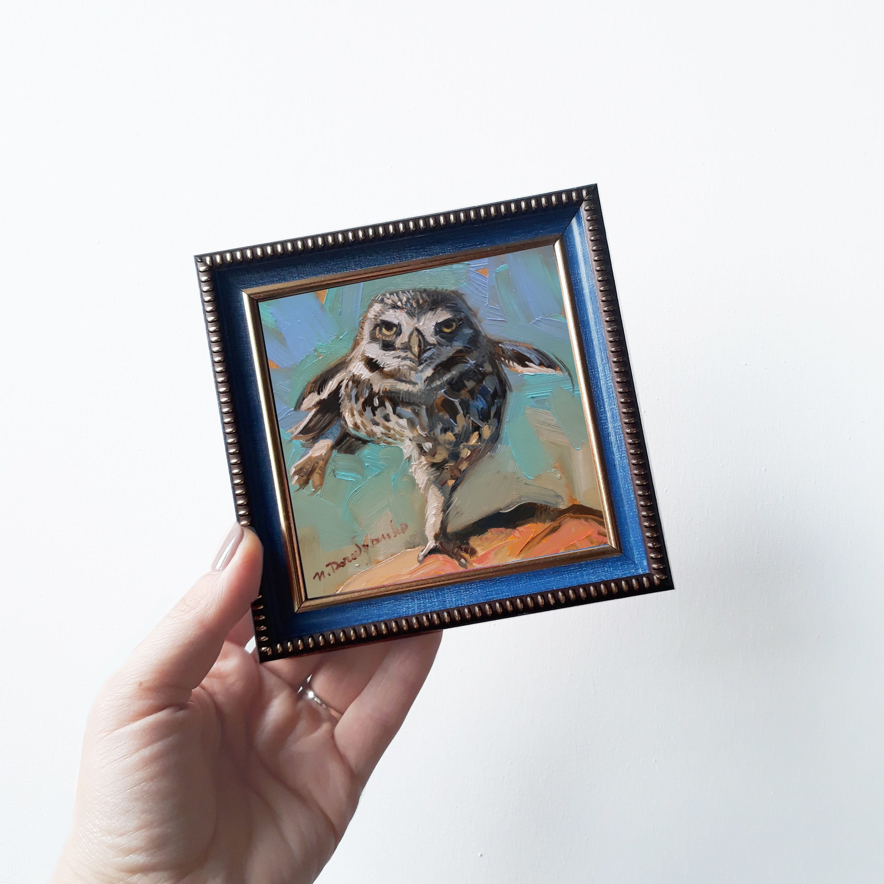 Owl bird painting original in frame Small artwork framed, Bird wall art framed artwork teacher appreciation gift