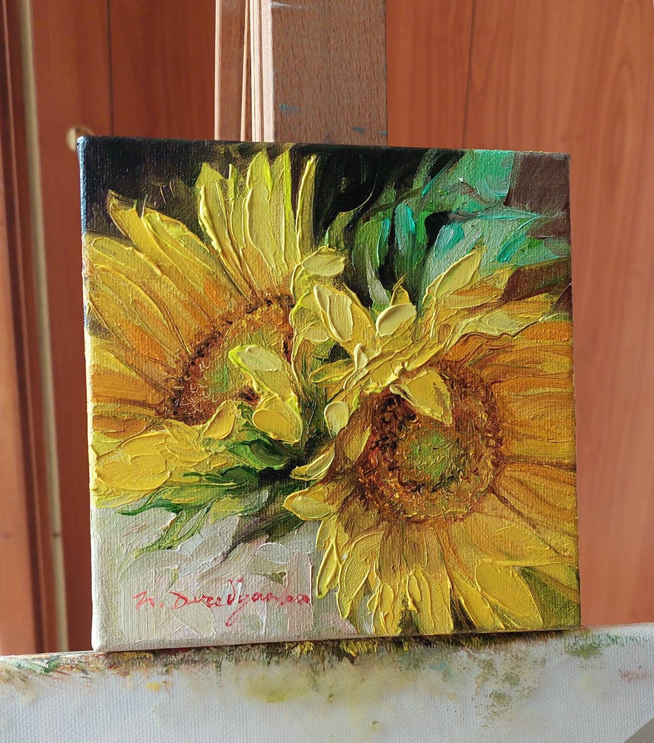 Dipinto ad olio floreale girasoli originale incorniciato 6x6, regalo di mamma dalla figlia, due fiori gialli wall art decor