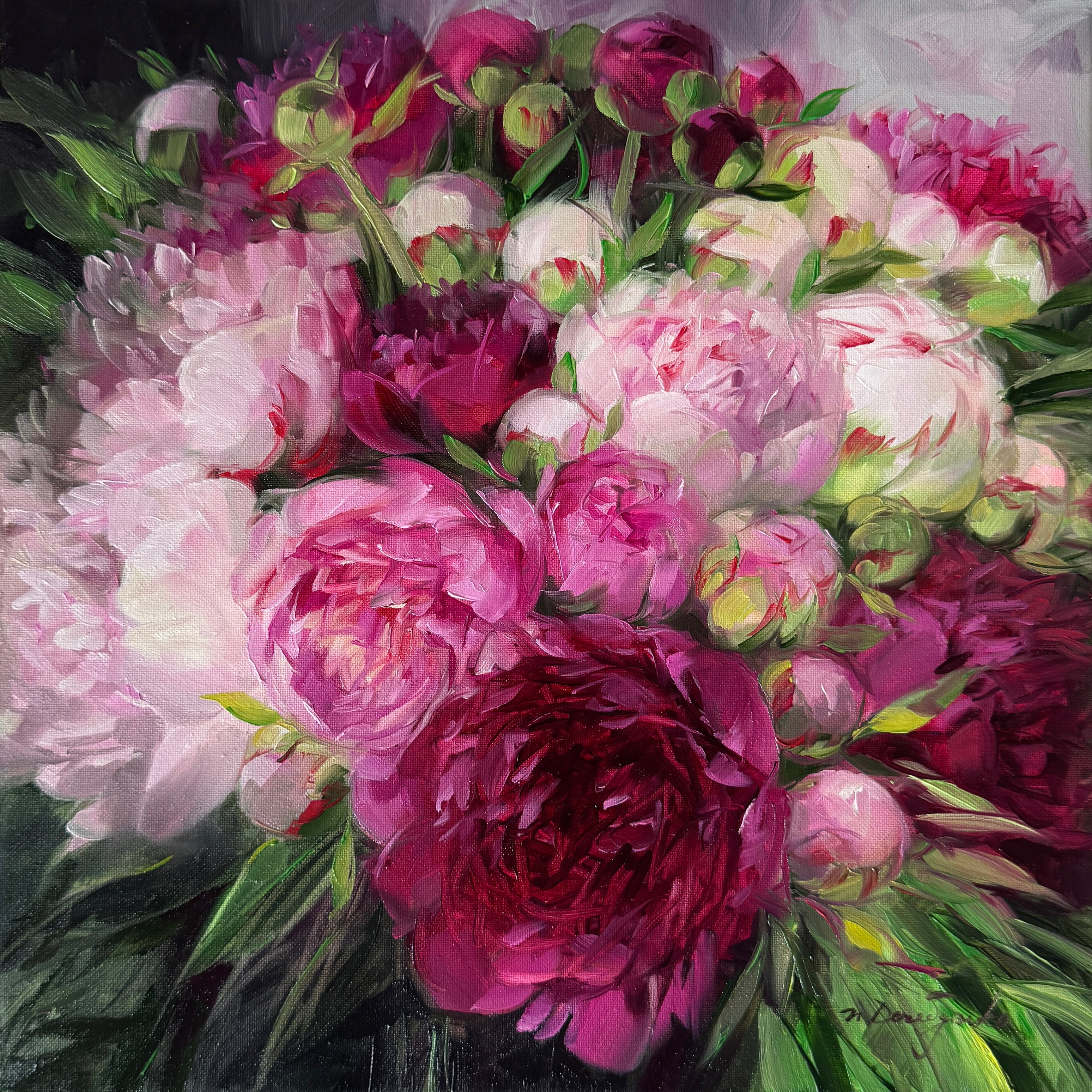 Peony Oil Painting Original, Small Floral Canvas Artwork 12x12 inch