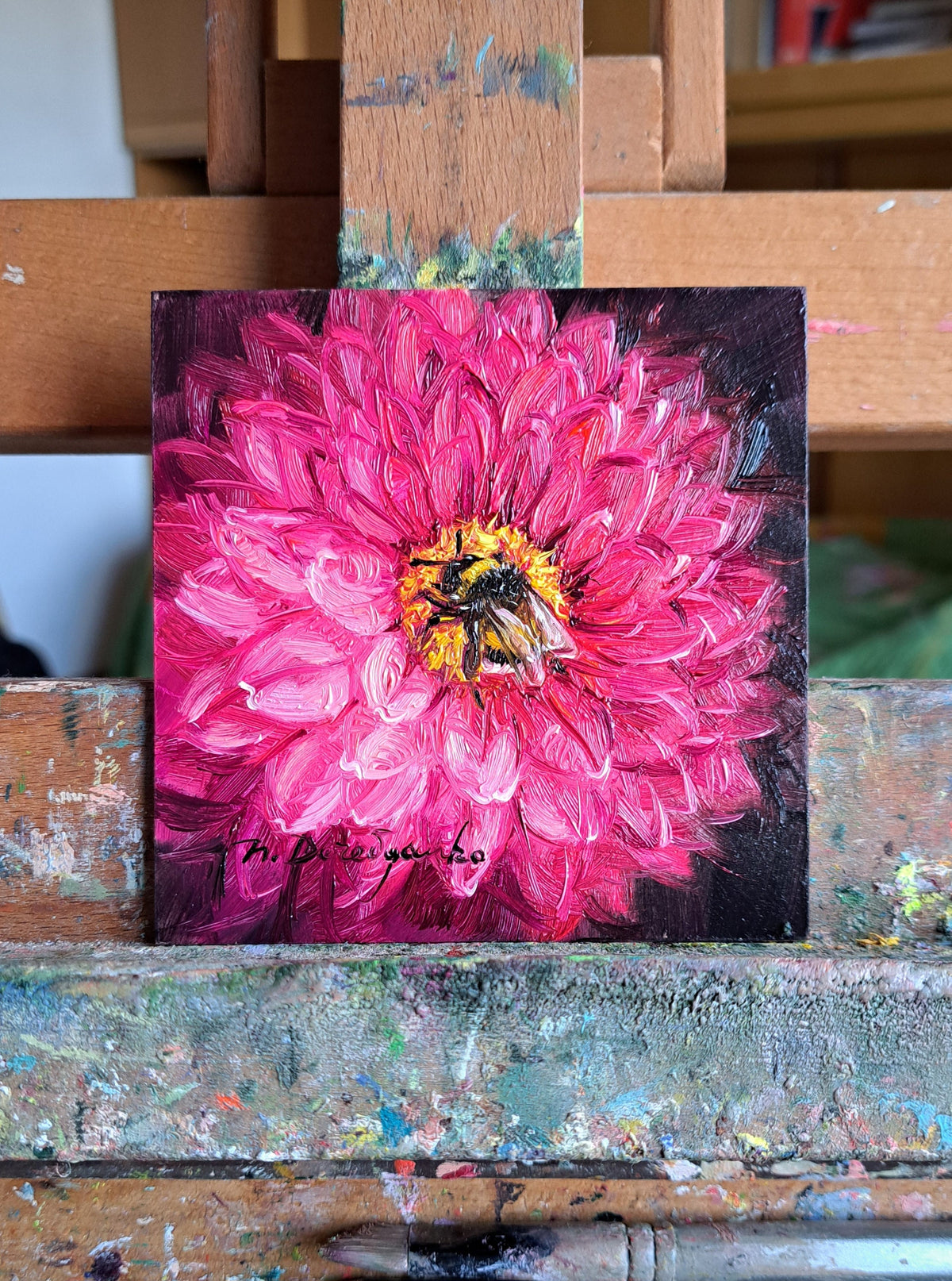 Bee on Dahlia flower Oil Painting Original 4x4 inch