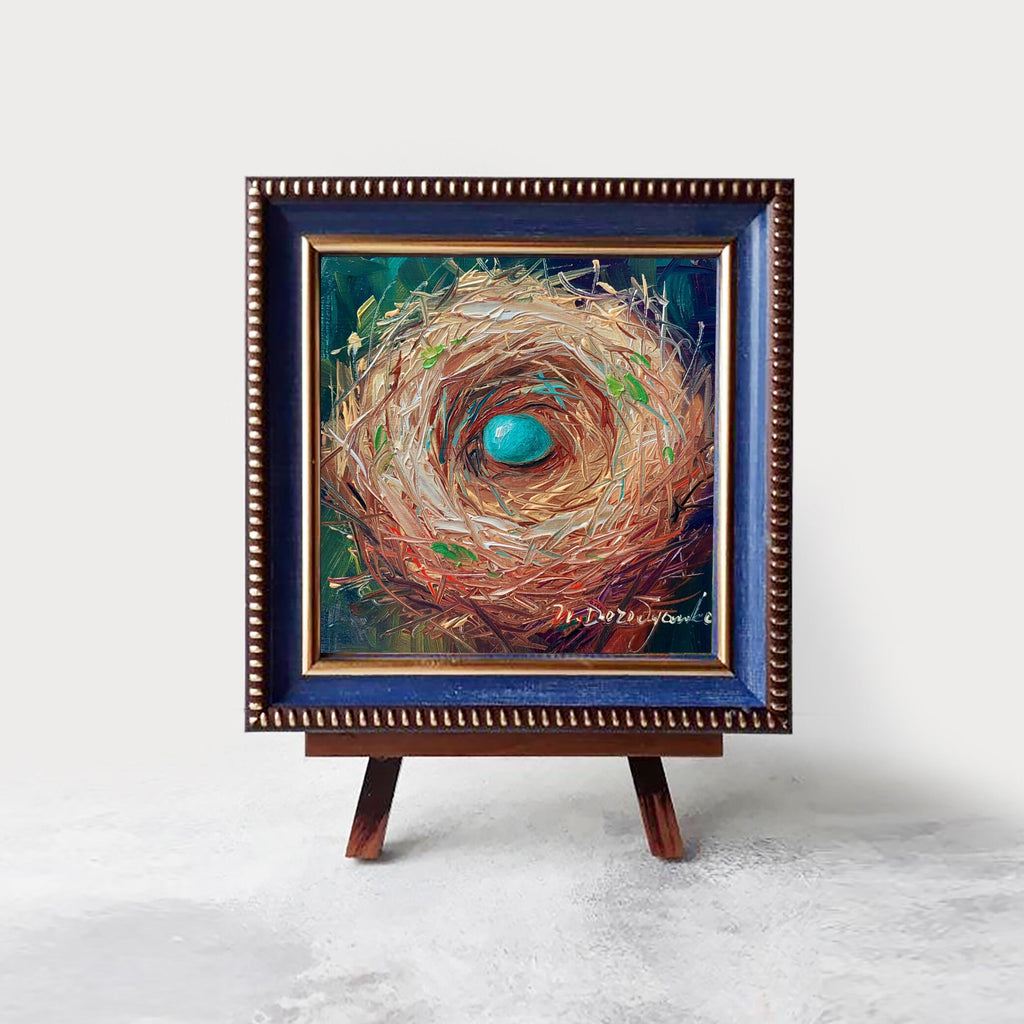 Nest oil painting original 4x4 in frame, Robin bird blue egg unique miniature painting wall art framed, Small painting Valentines day gift
