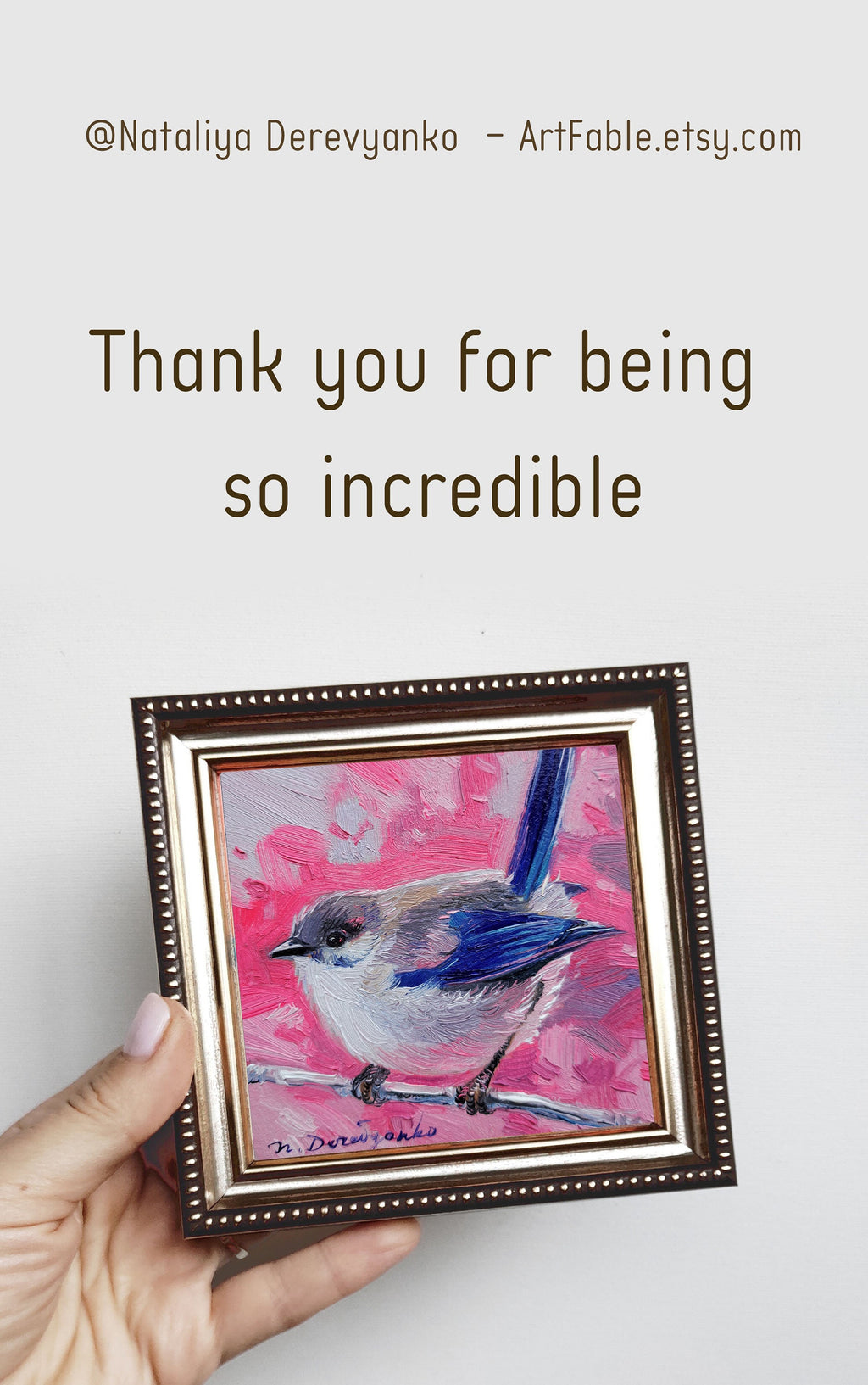 Small oil painting original Bird painting 4x4, Blue bird picture frame Fairy-wren bird artwork, Small frame art bird gift idea
