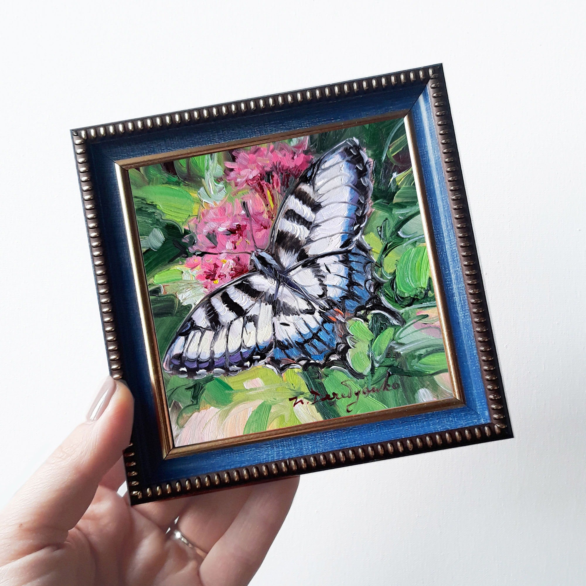 Butterfly painting original oil art framed miniature, Giant Swallowtail butterfly painting small gift for woman
