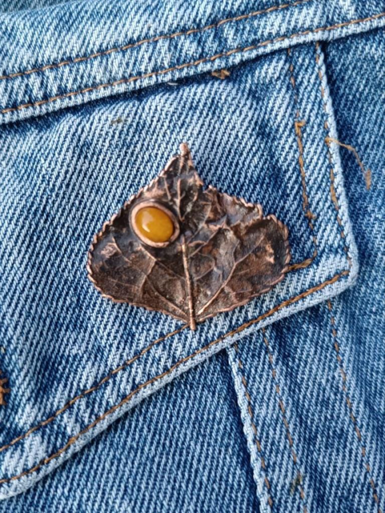 Brooch Copper Natural Poplar Leaf  — Unique Boho-Style Handmade Jewelry Valentines gift for sister