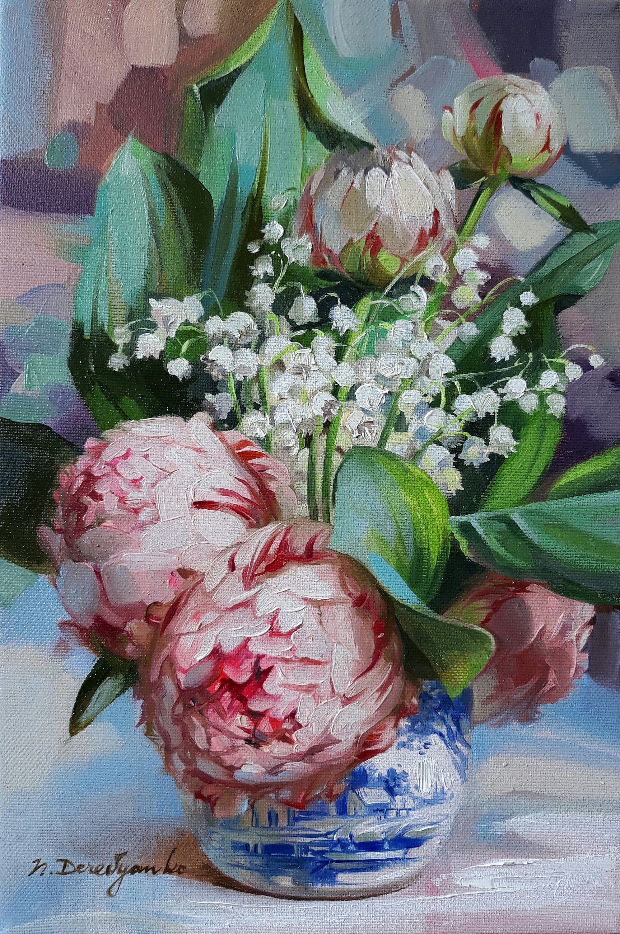 Peony flowers oil painting original on canvas Lily of the valley art, Pink floral wall art godmother gift