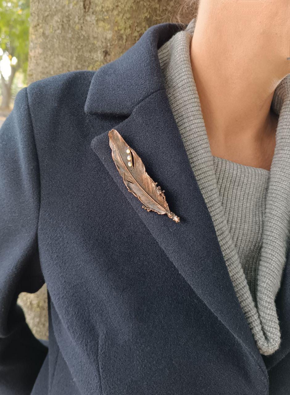 Brooch Copper Pigeon Feather  — Unique Boho-Style Handmade Jewelry gift for best friend 7th anniversary copper wedding traditional