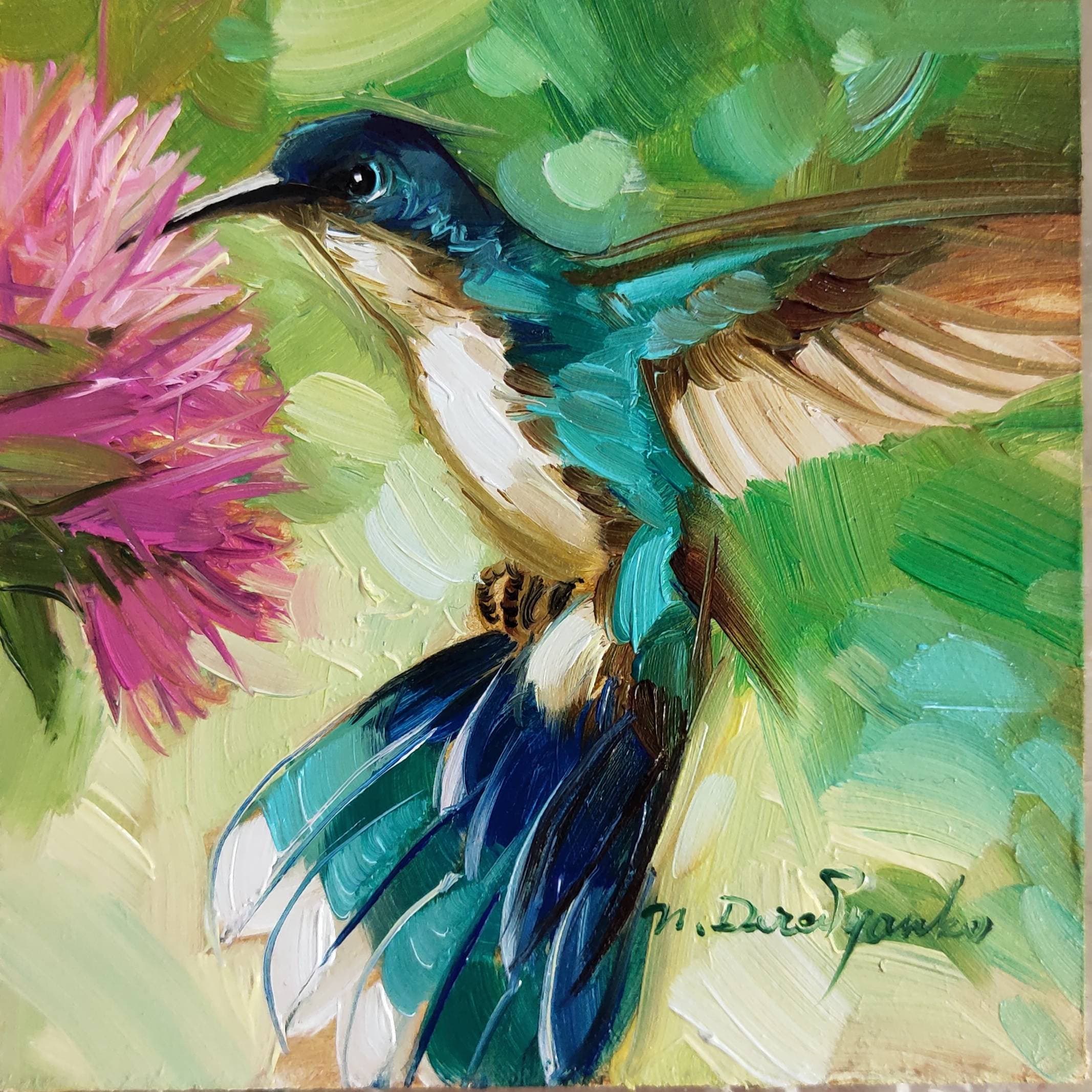 Hummingbird painting original oil art 4x4 in blue frame, Bird oil painting framed green wall art, Mothers day gift from daughter