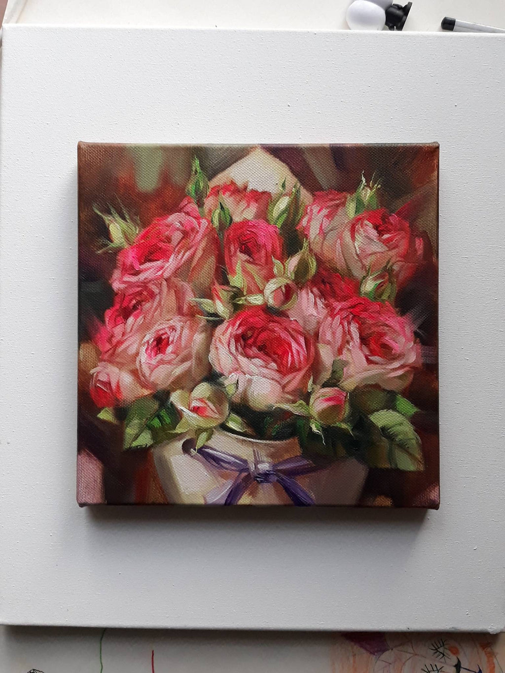 Roses painting flowers original art, Red flowers bouquet oil painting for girlfriend floral art on canvas