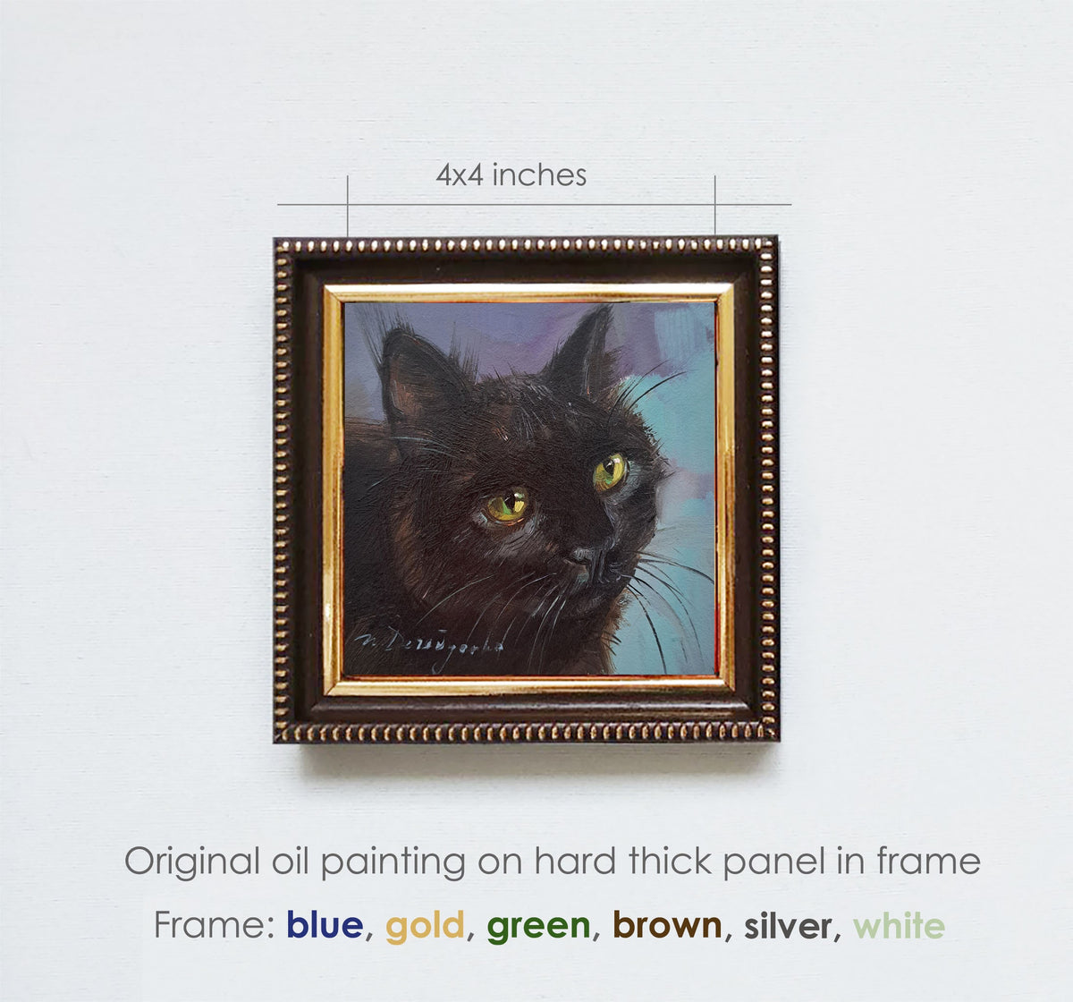 Black cat art painting 4x4 in frame