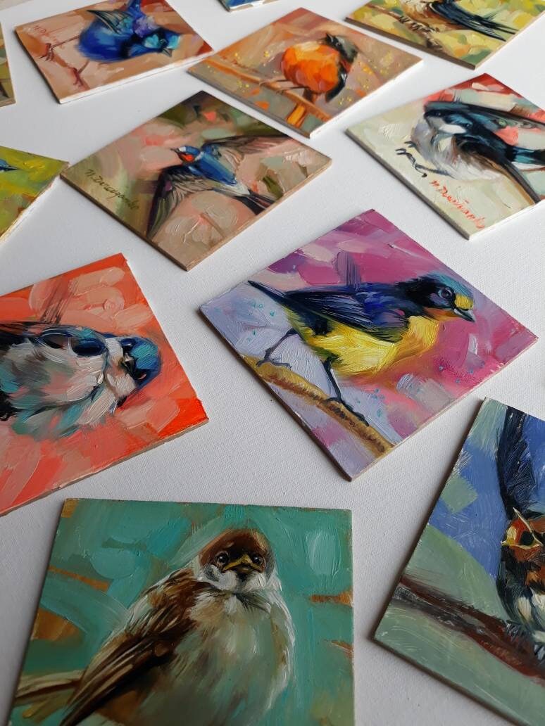 Swallow bird art painting 4x4 in frame, Cheeper picture framed, Yellow blind hand painted artwork for nursery