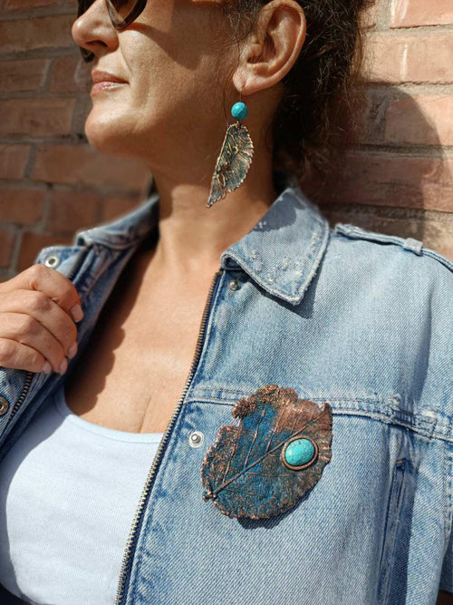Brooch Copper Hazel Leaf with Turquoise Inlay – Unique Boho Style Handmade Jewelry for Mom