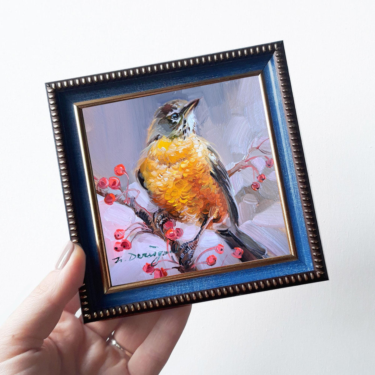 American Robin bird painting original in frame