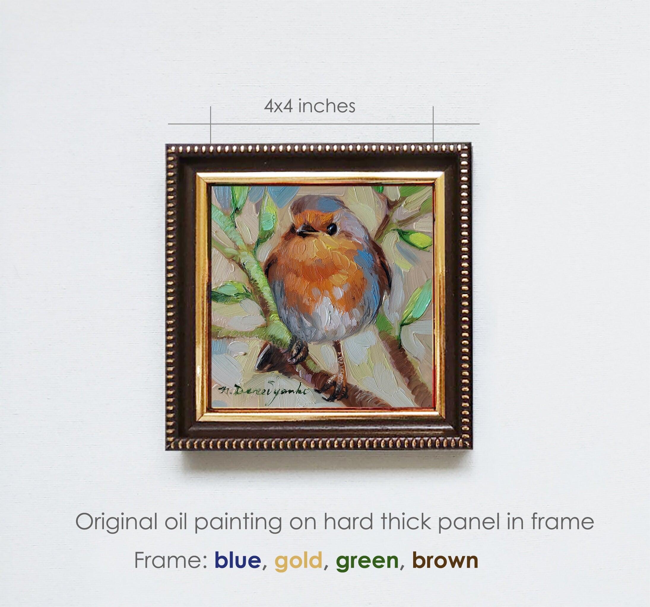 Robin bird on brunch pittura ad olio originale, Piccolo uccello dipinto incorniciato 4x4, Piccola cornice arte