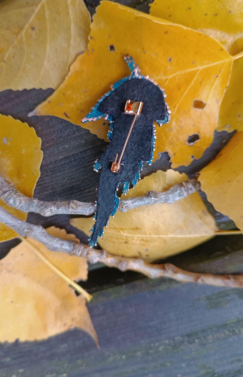 Brooch made from natural sheet of wood in copper - a unique boho-style accessory, Blue patina cooper jewelry handmade