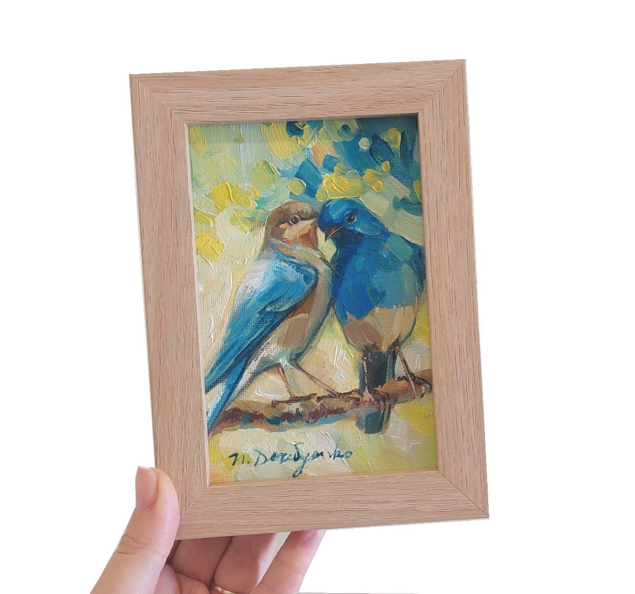 Two bird painting original canvas in wood frame, Bluebird oil painting, Bird art in frame, Small art framed love painting gift