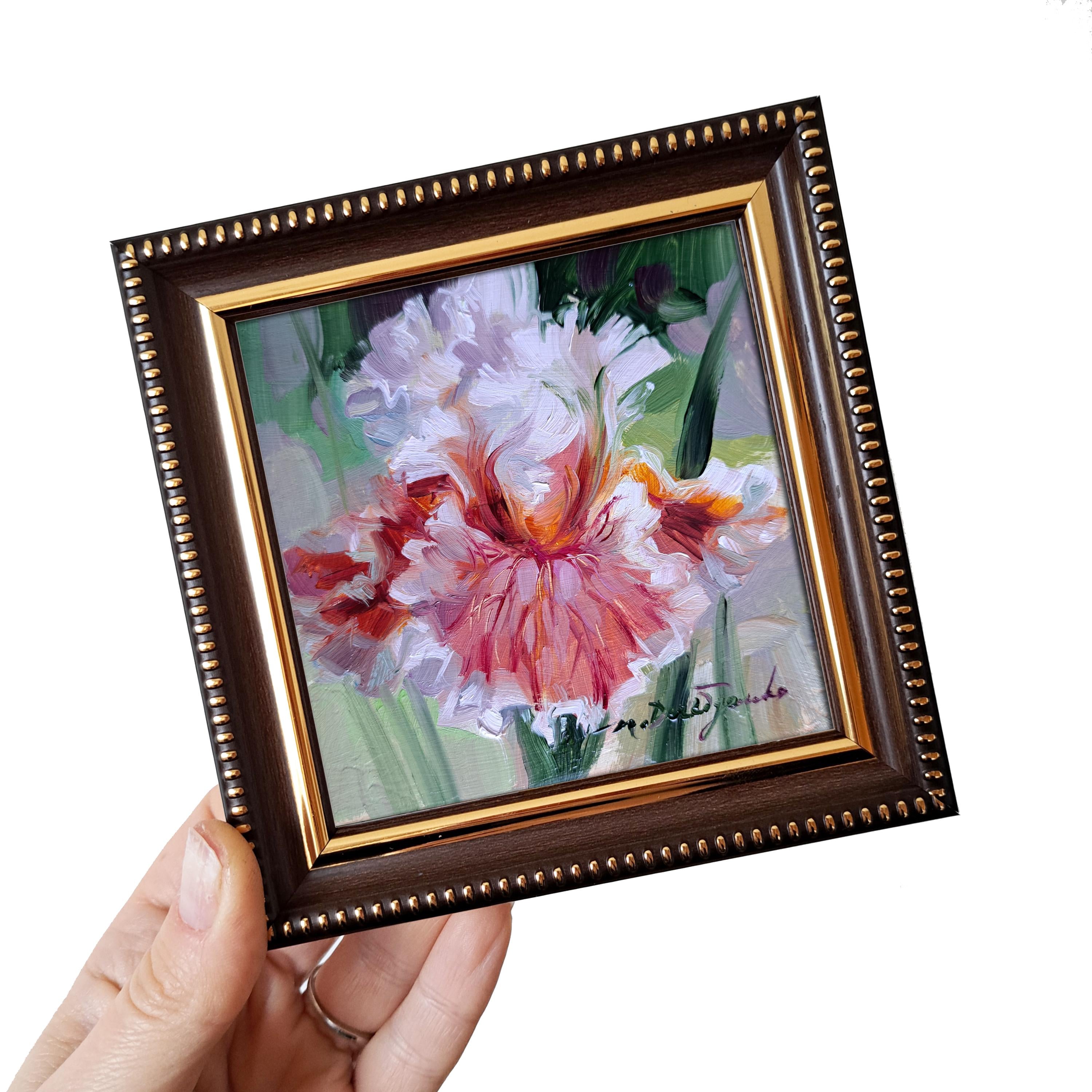 Iris flower paintings miniature original 4x4, Birthday gift for Mom, Floral arrangement unique redblooming Small framed flower art decor