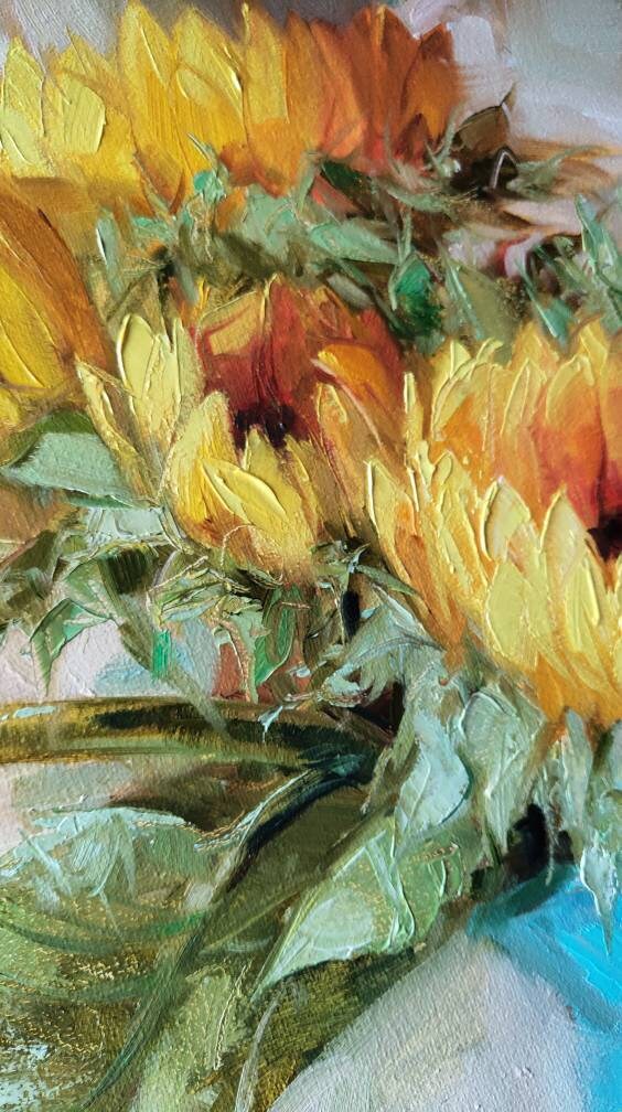 Large floral paintings on canvas original, Sunflowers in turquoise vase oil painting, Yellow flowers wall art decor Easter gift