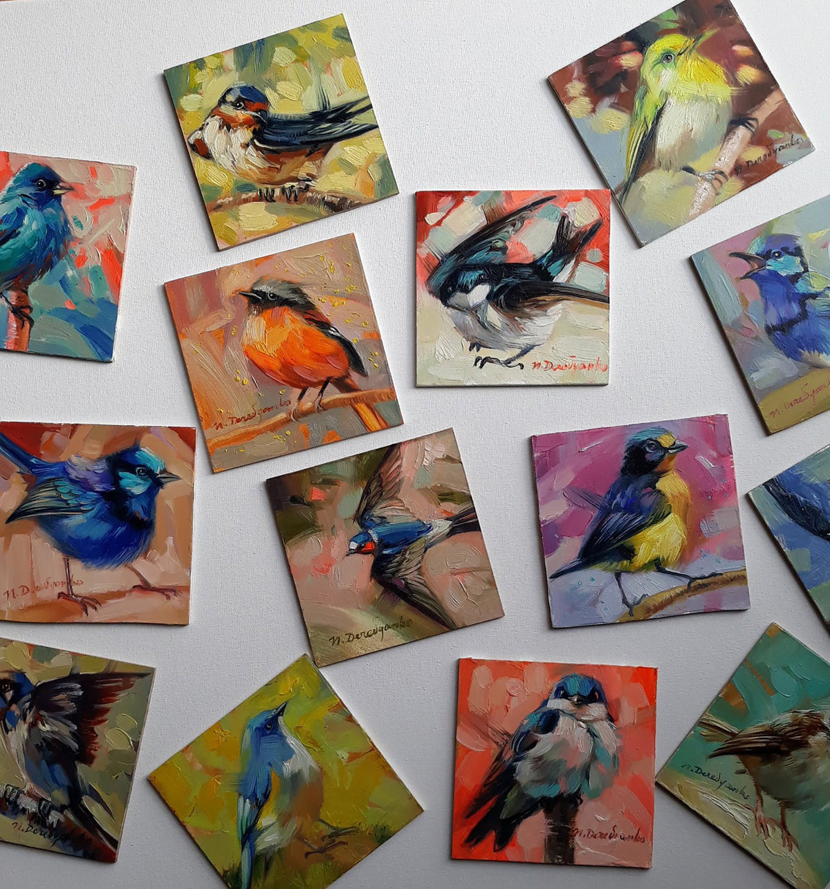 Robin bird painting original art 4x4 inch in frame