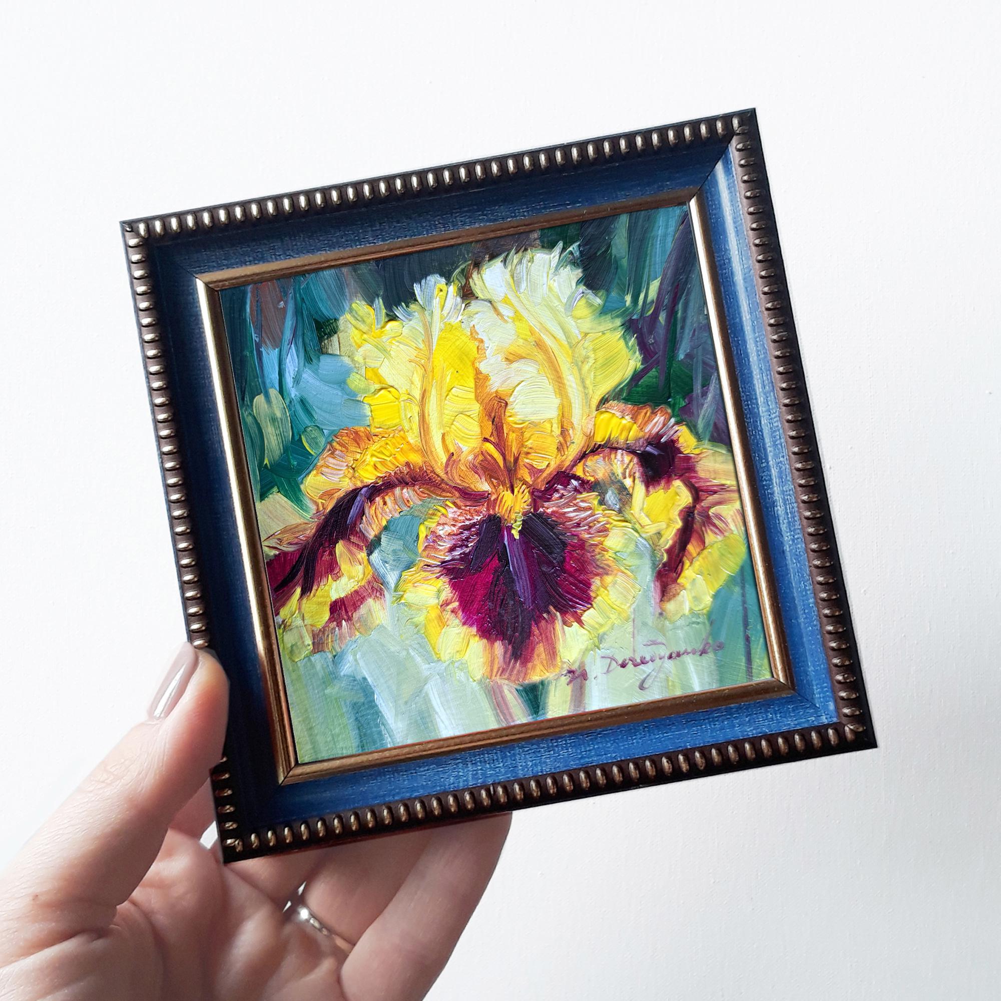 Iris yellow flower oil paintings original 4x4, Birthflower gift miniature Unique purple Small framed flower art newlywed gift decor