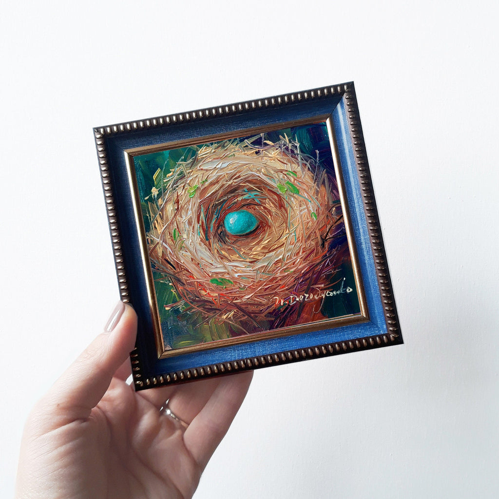 Nest oil painting original 4x4 in frame, Robin bird blue egg unique miniature painting wall art framed, Small painting Valentines day gift