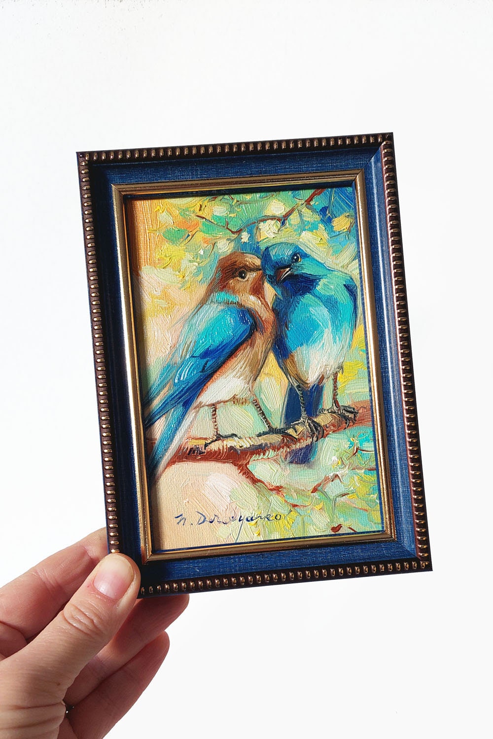 Two bird painting original canvas in wood frame, Bluebird oil painting, Bird art in frame, Small art framed love painting gift