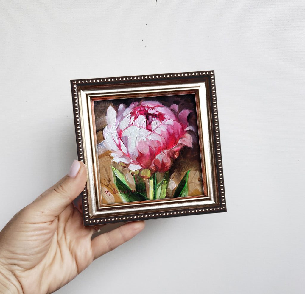 Small painting pink flowers original, Unique peony wall art, Peonies art gift for sister