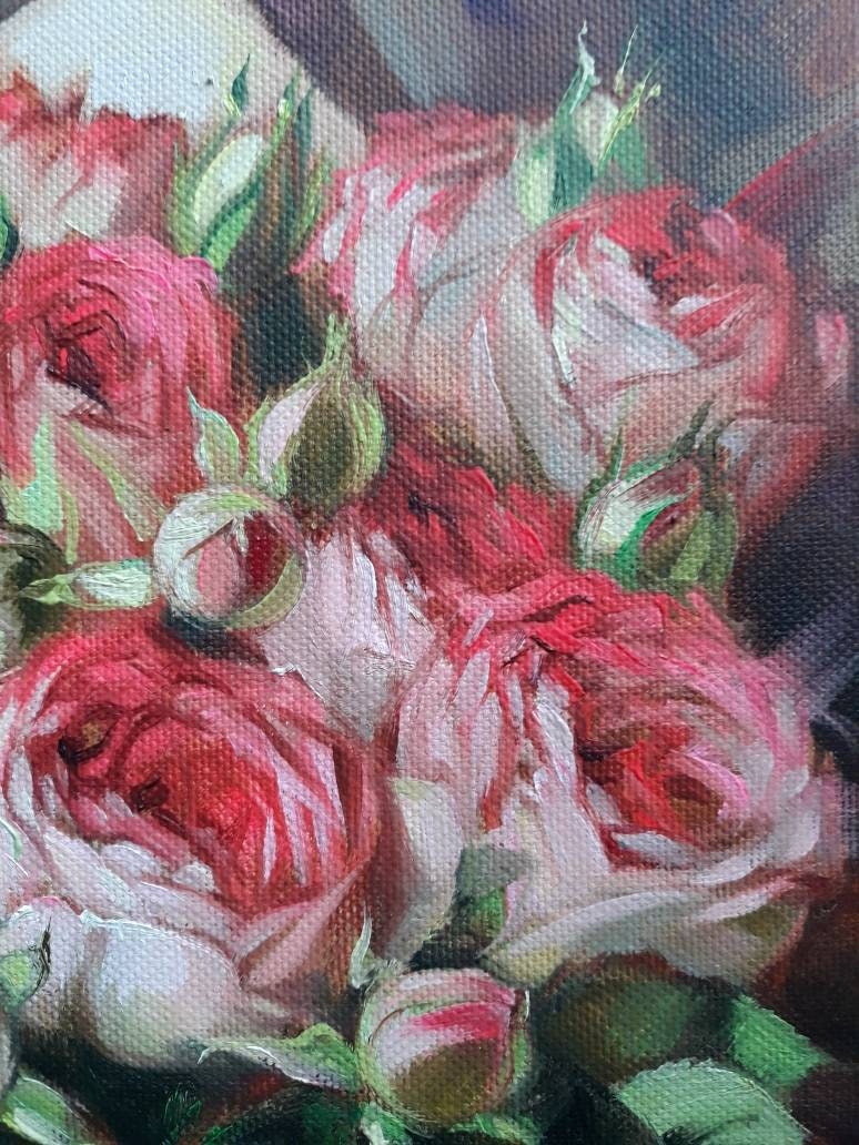 Roses painting flowers original art, Red flowers bouquet oil painting for girlfriend floral art on canvas