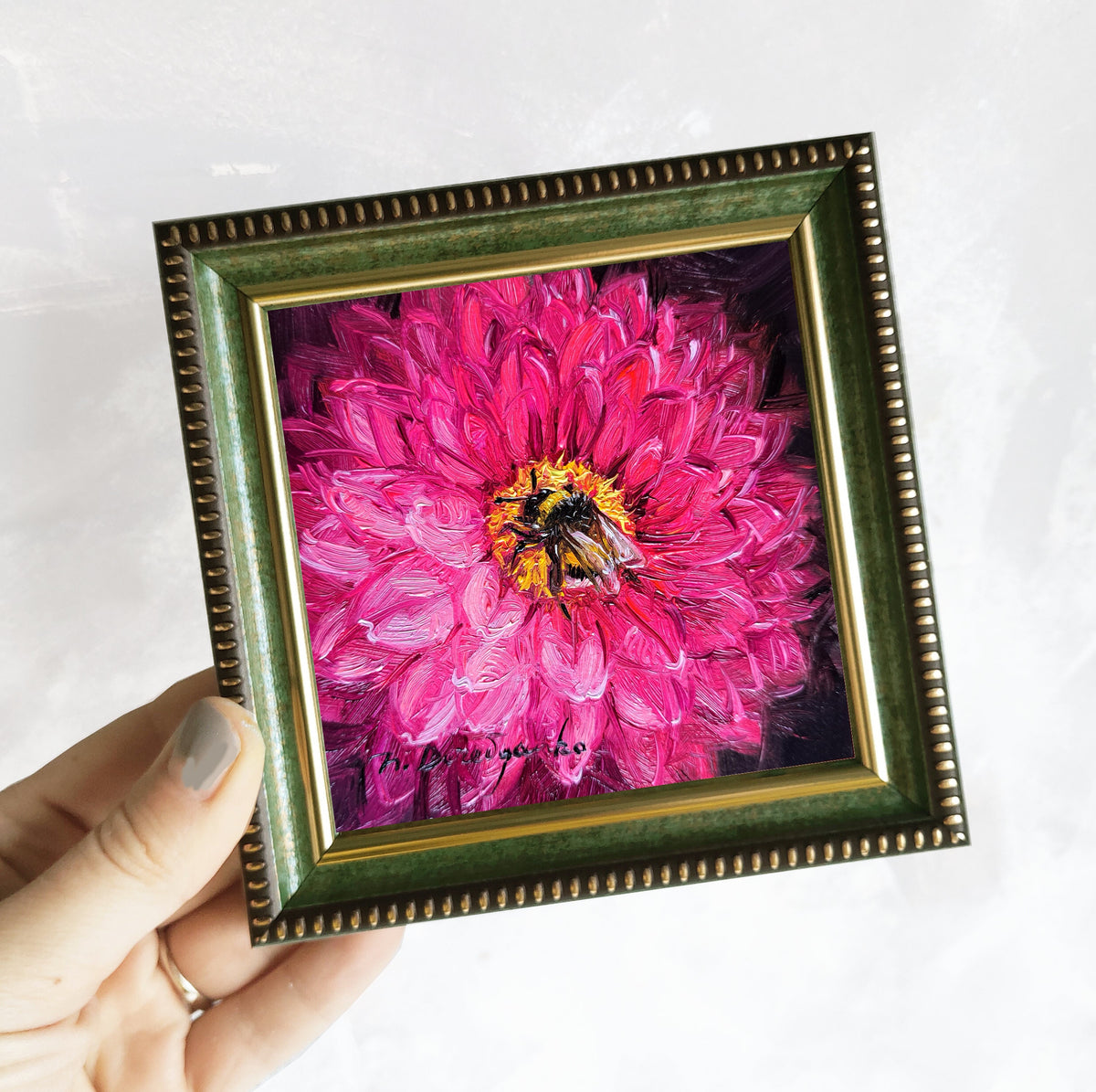 Bee on Dahlia flower Oil Painting Original 4x4 inch